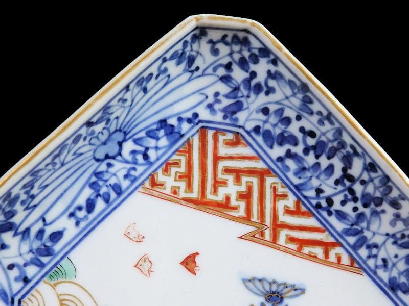 大聖寺伊万里　染錦　波千鳥に菊　花唐草の図　長皿　B288AS-CRn