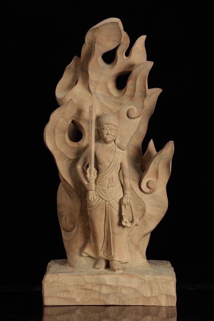 紺綬褒章受章 彫刻家【横山一夢】木彫 不動明王像「明王」49㎝ 置物 共箱 栞付