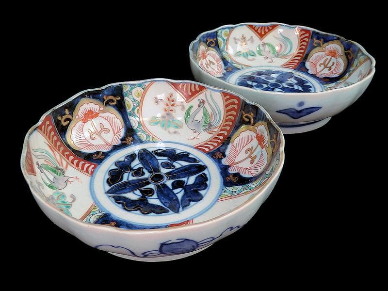 古伊万里  色絵　桐に鳳凰　花の図　膾皿　２客　D124AS-fbrh