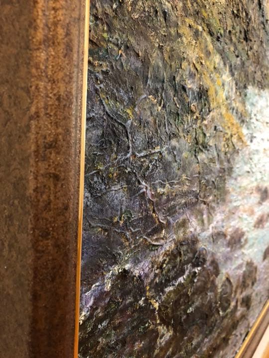 油彩画　題名「丸木橋のある風景」