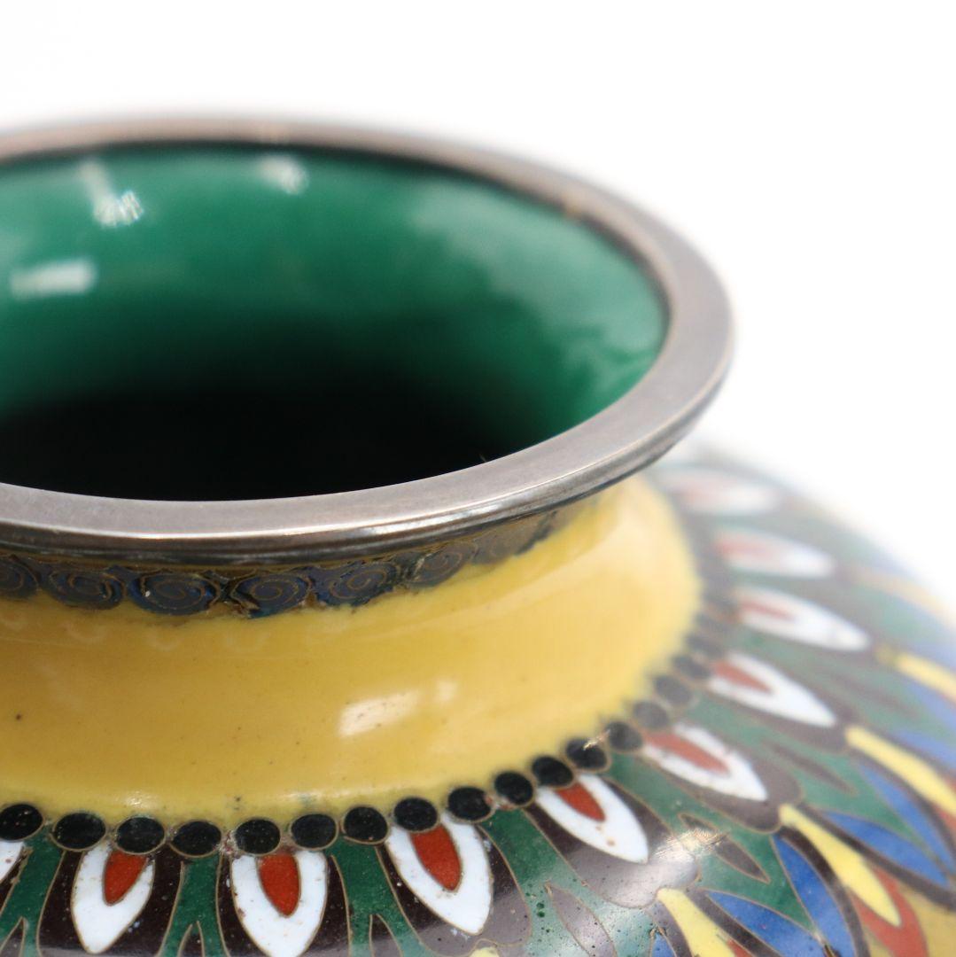 七宝焼 銀覆輪 唐草鳳凰龍図 花瓶 純銀刻印 唐木台座　V505　DC2