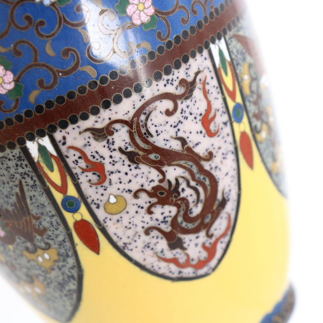 七宝焼 銀覆輪 唐草鳳凰龍図 花瓶 純銀刻印 唐木台座　V505　DC2