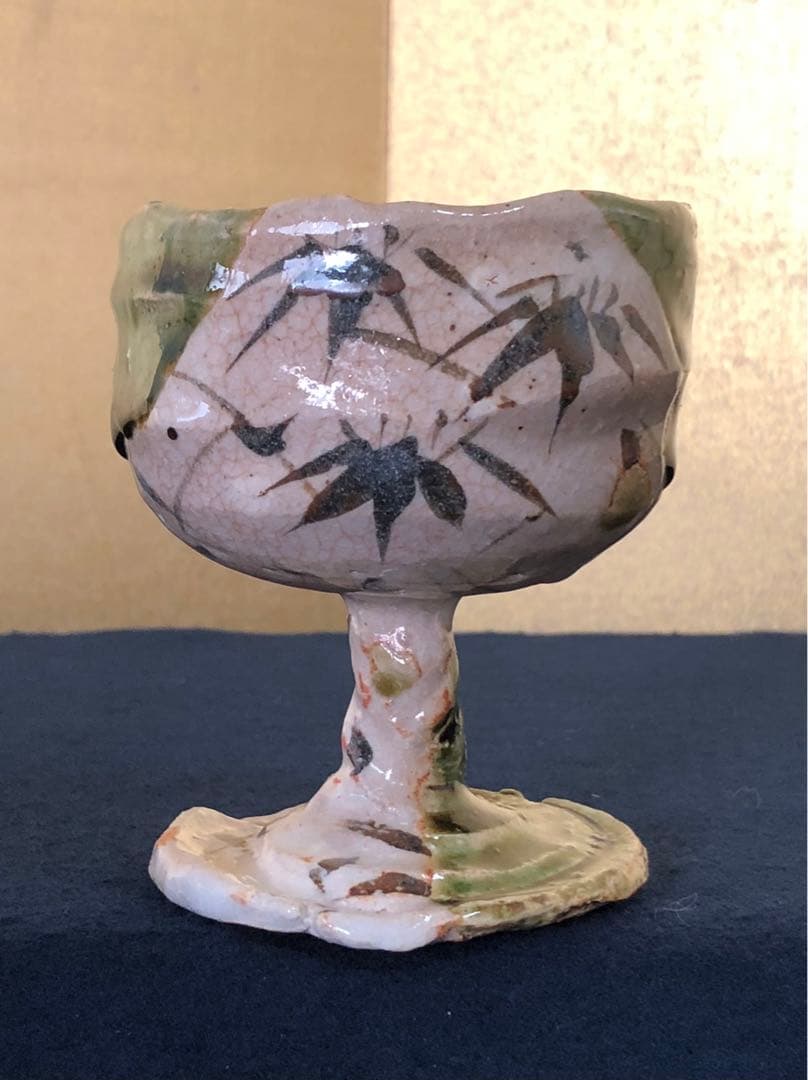 《R》織部焼 葡萄酒盃 5客 ワイン 玉置保夫作 陶歴 共箱 251014い2