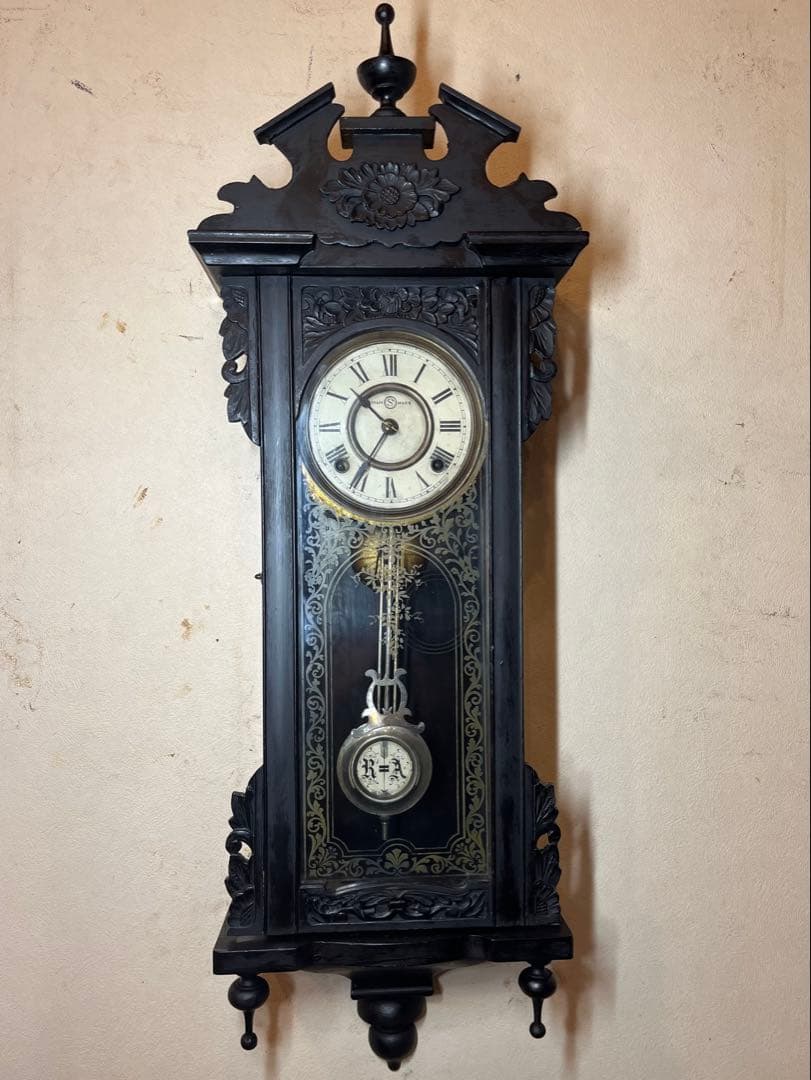 精工舎　黒塗　柱時計　古時計　振り子　ゼンマイ　ボンボン　レトロ　ユンハンス