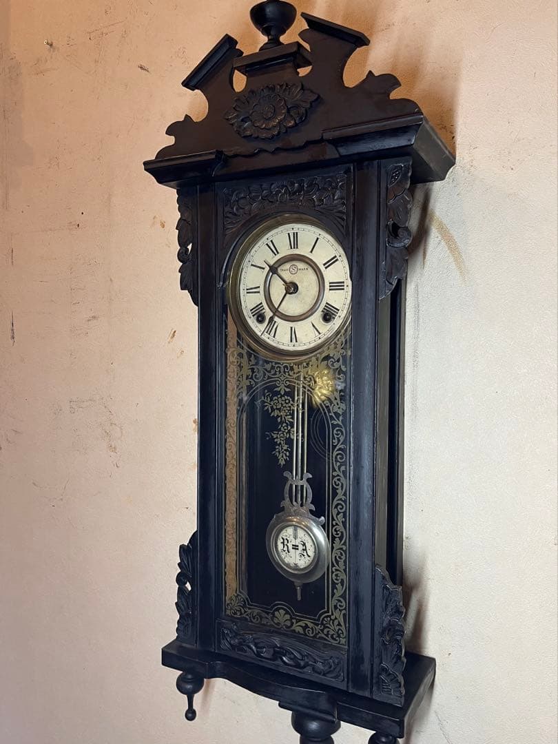 精工舎　黒塗　柱時計　古時計　振り子　ゼンマイ　ボンボン　レトロ　ユンハンス
