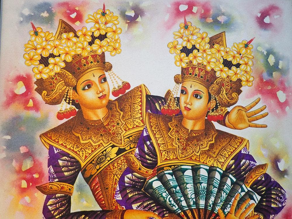 インドネシアの踊り子＿バリアート(絵画、額縁付)【アジアン雑貨】