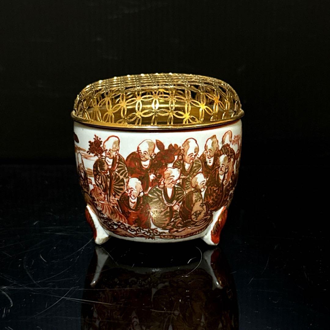 時代 湖東焼 金蘭赤絵 十六人坊主図 香炉