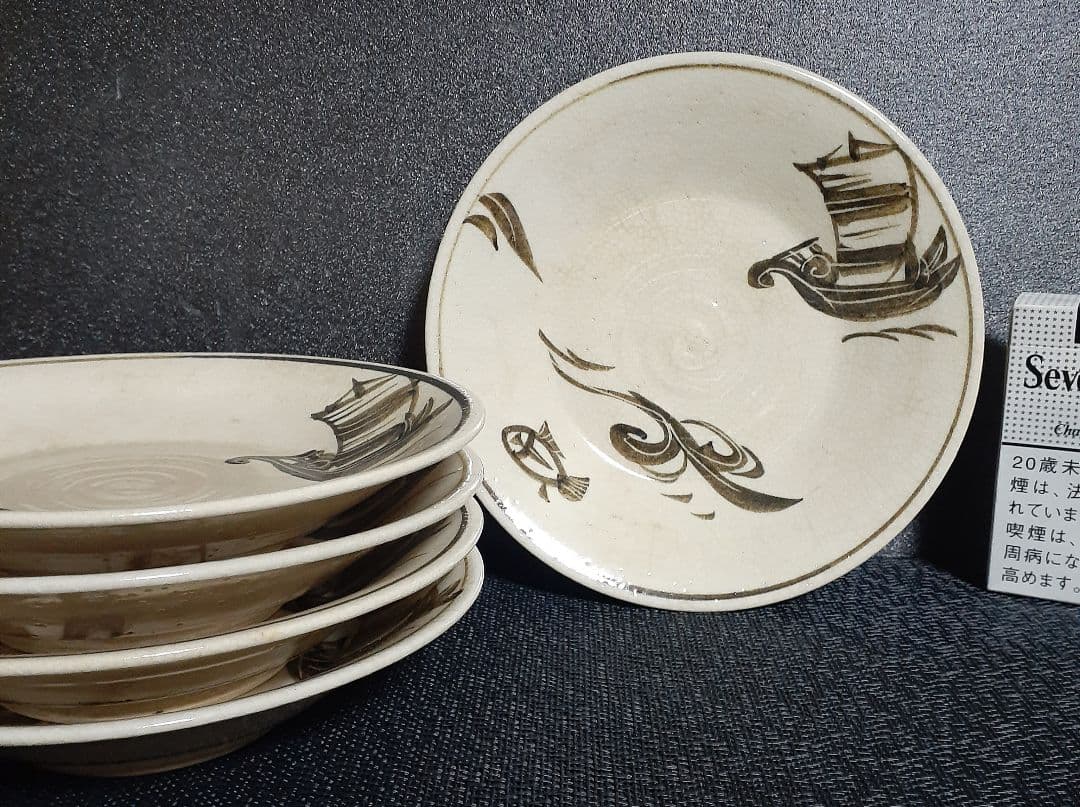 【真作保証❗️】【三代三浦竹泉】造　画　高麗　帆掛け舟に魚の図　皿　菓子皿　5客