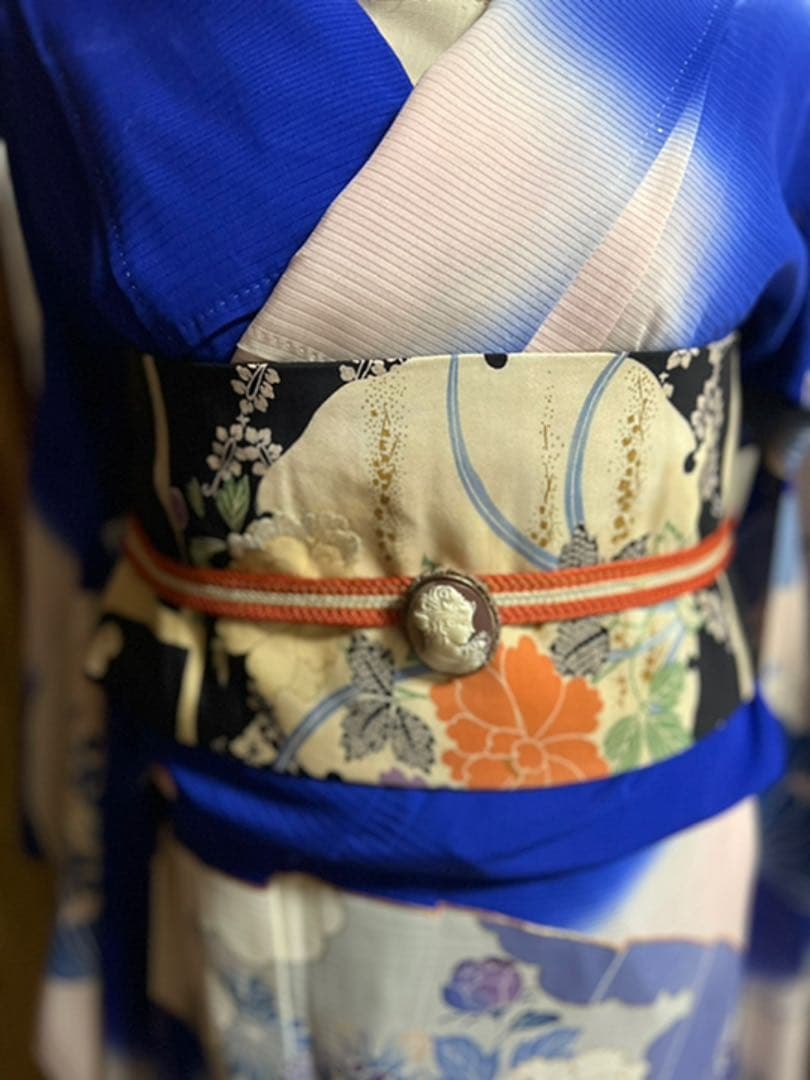 3539◆アンティーク着物正絹絽時代物振袖藍色に白ぼかし染め美しい扇面牡丹　逸品