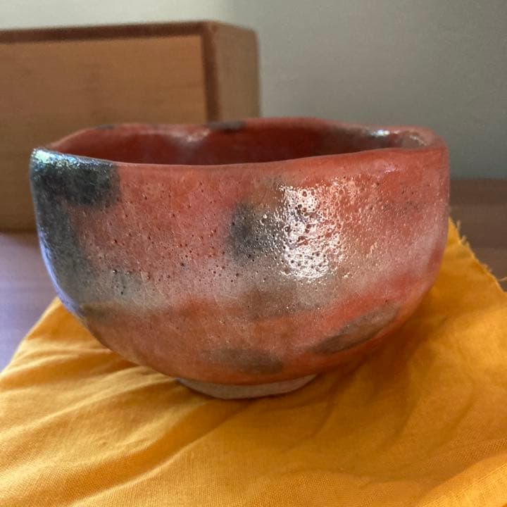 西森静楽●茶碗 赤●共箱、布●ヴィンテージ茶道具