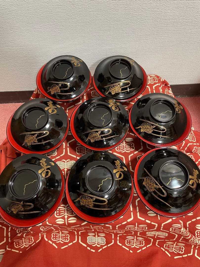 木製漆器　亀　寿　黒漆塗　内側　 朱漆塗　吸い物椀　椀　向付　8客揃い