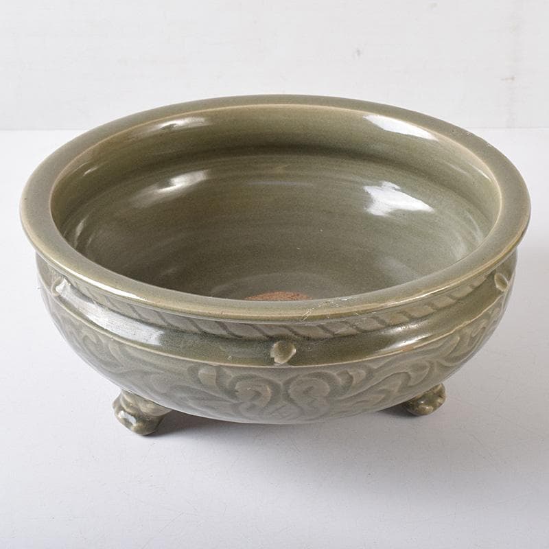 中国　龍泉窯　青磁　花文　三つ足大香炉　M　R8769