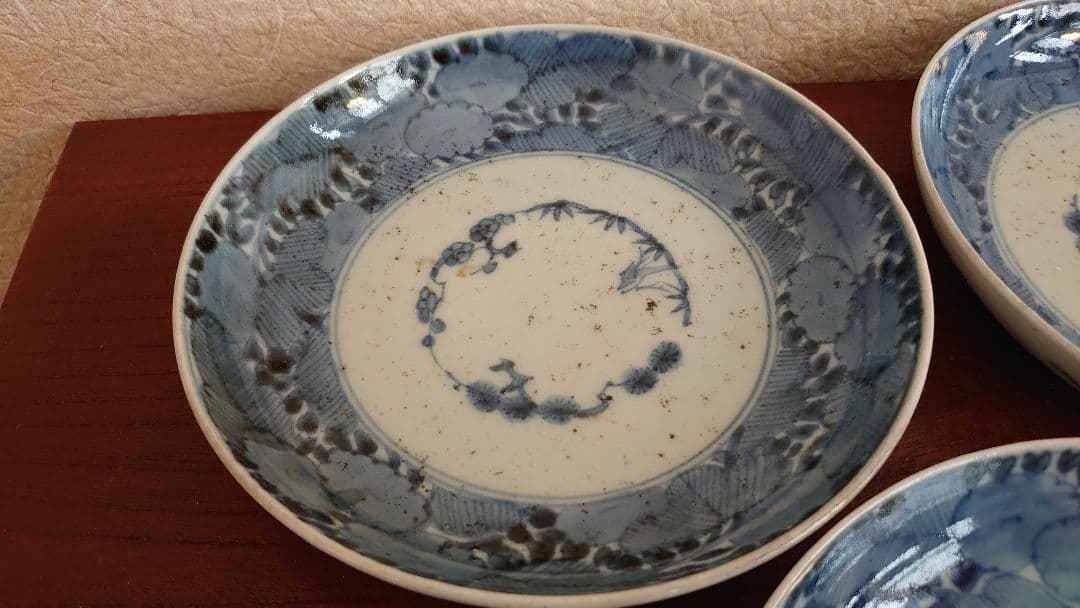 古伊万里　伊万里　松竹梅 染付 江戸期　冨貴長春　白抜き　５寸皿　３客