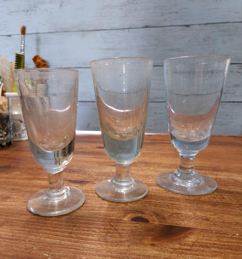 フランス アンティーク 厚手の吹き硝子 アブサングラス 3脚セット