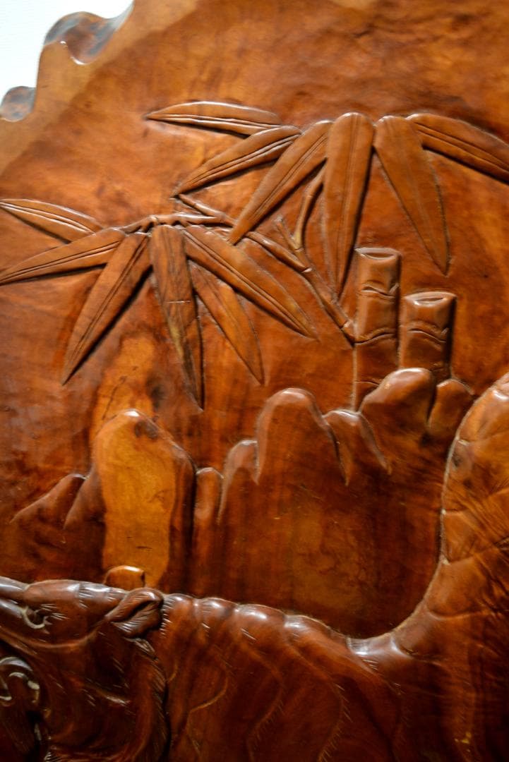 衝立　一枚木　最上級材質　欅　虎竹彫刻