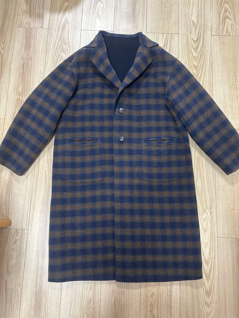 HUMAN WOMANウールリバー チェスターコート チェック×ネイビー M