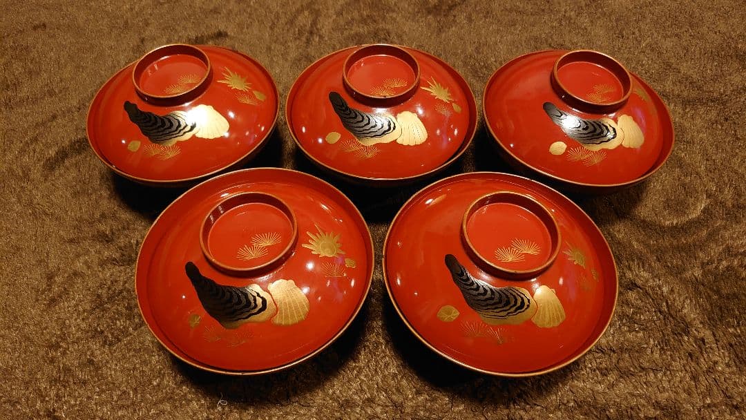 輪島塗　漆器　金蒔絵　蒔絵　蓋椀　蛤の図　人間国宝　５客