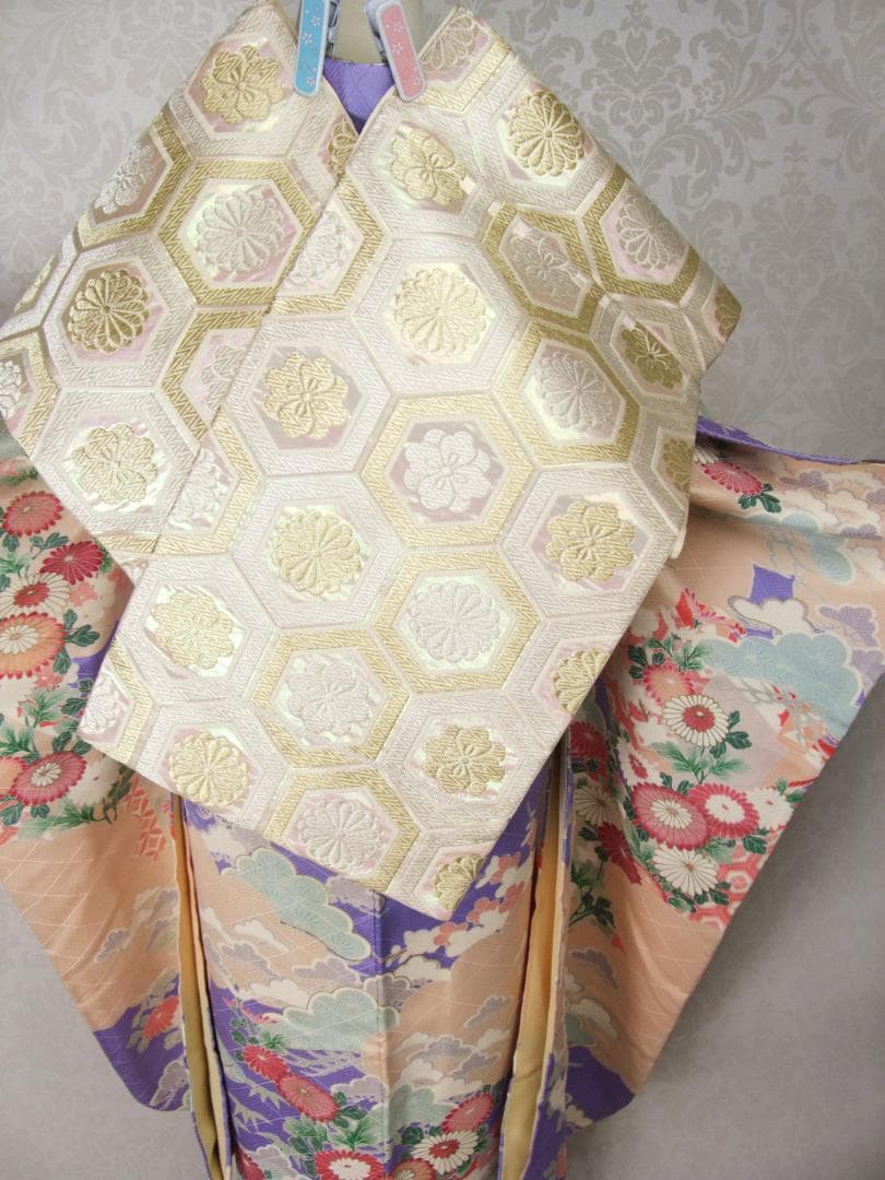 パステル古典柄/ぼかし染め/金駒刺繍/振袖フルセット　ｍ61白　成人式