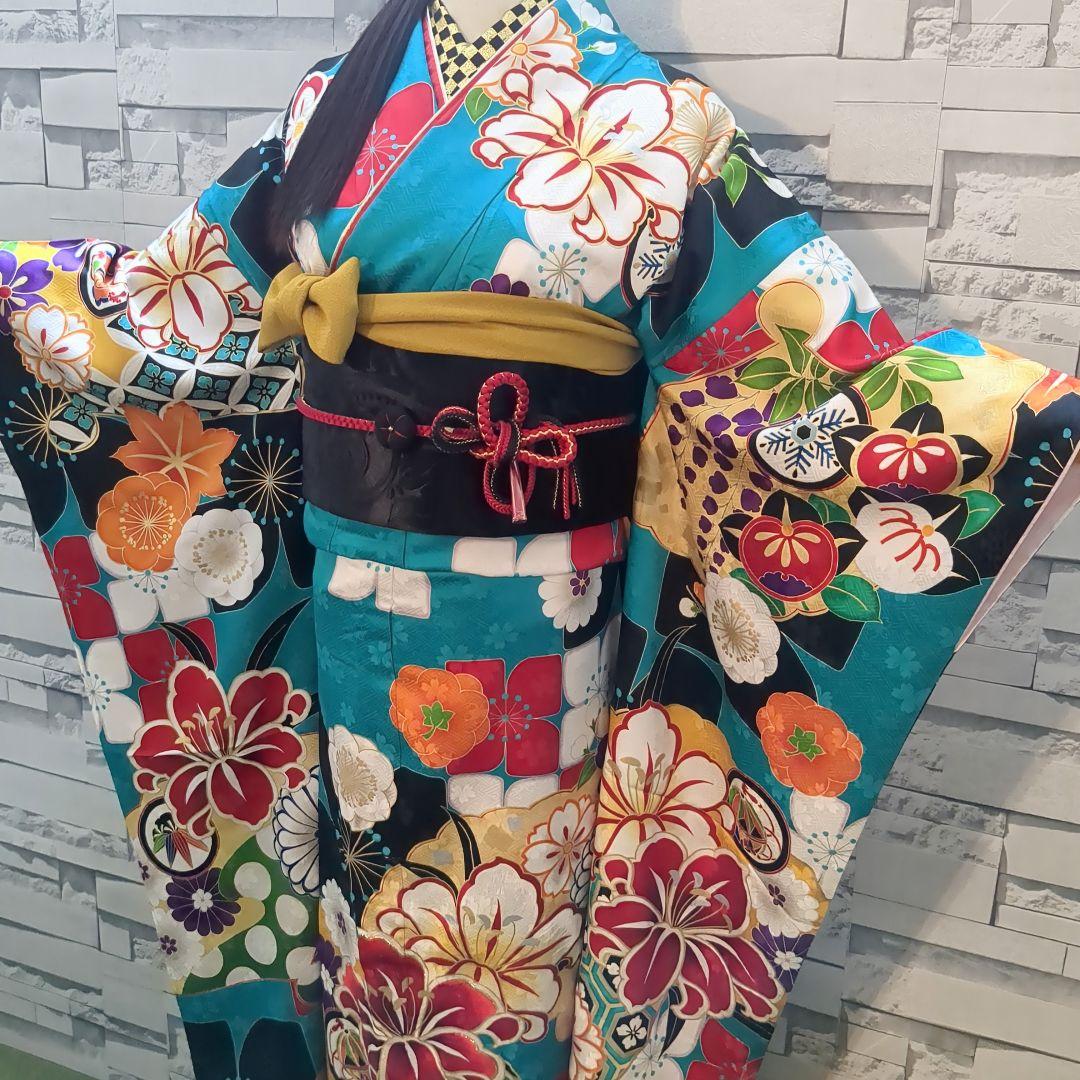 正絹振袖 駒刺繍 紫野 百合 金彩 振袖セット 振袖フルセット 青緑 81