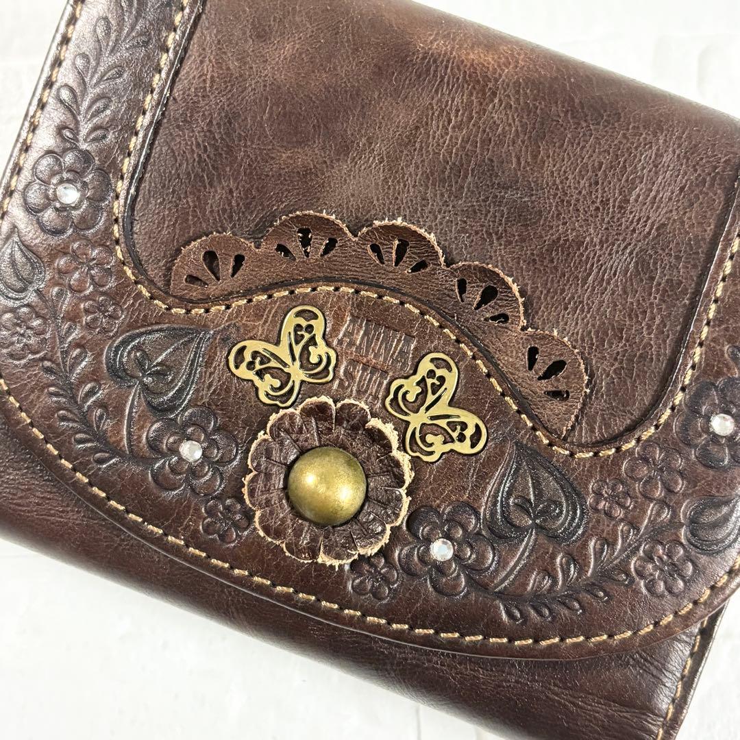 ニ*ラ様 ANNA SUI アナスイ 三つ折り財布 がま口 レザー ブラウン 蝶