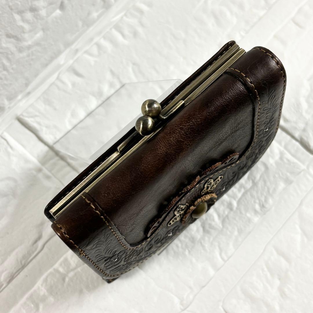 ニ*ラ様 ANNA SUI アナスイ 三つ折り財布 がま口 レザー ブラウン 蝶