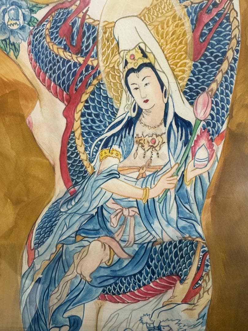 龍泉 リュウセン Ryu sen 刺青 龍上観音図 水彩画 在銘 艶絵