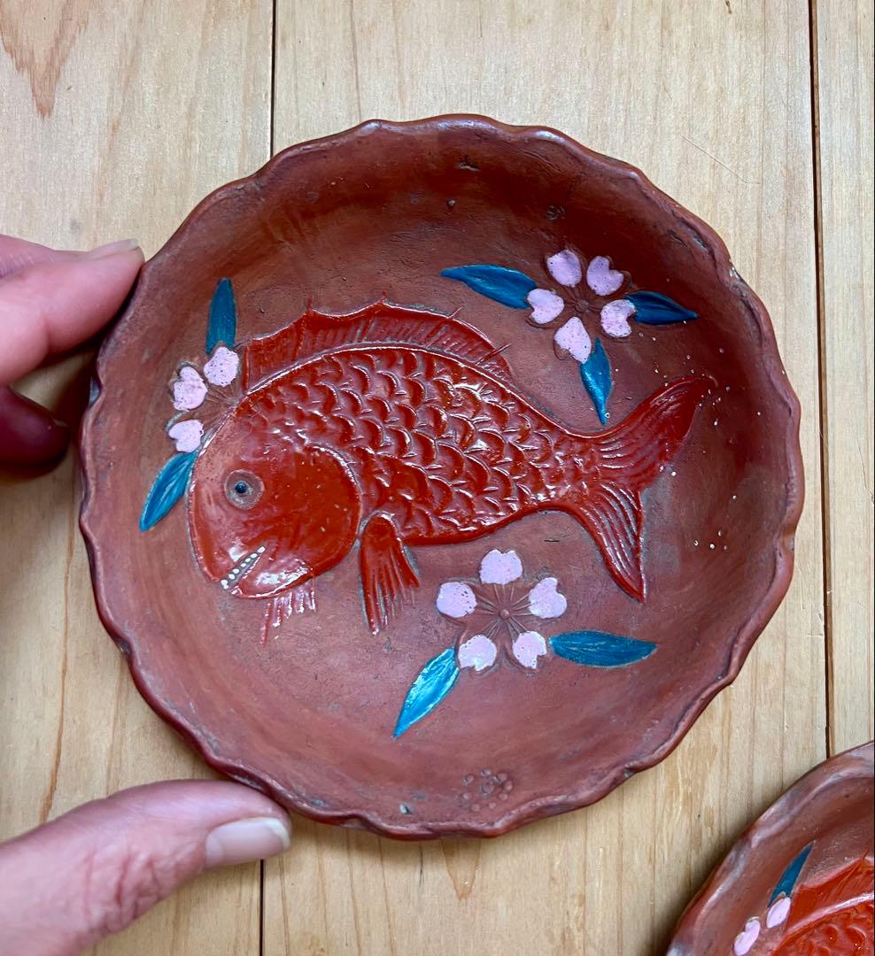 せんべい皿　鯛の図A 5枚セット　絵備前　色備前　備前焼　小皿　アンティーク