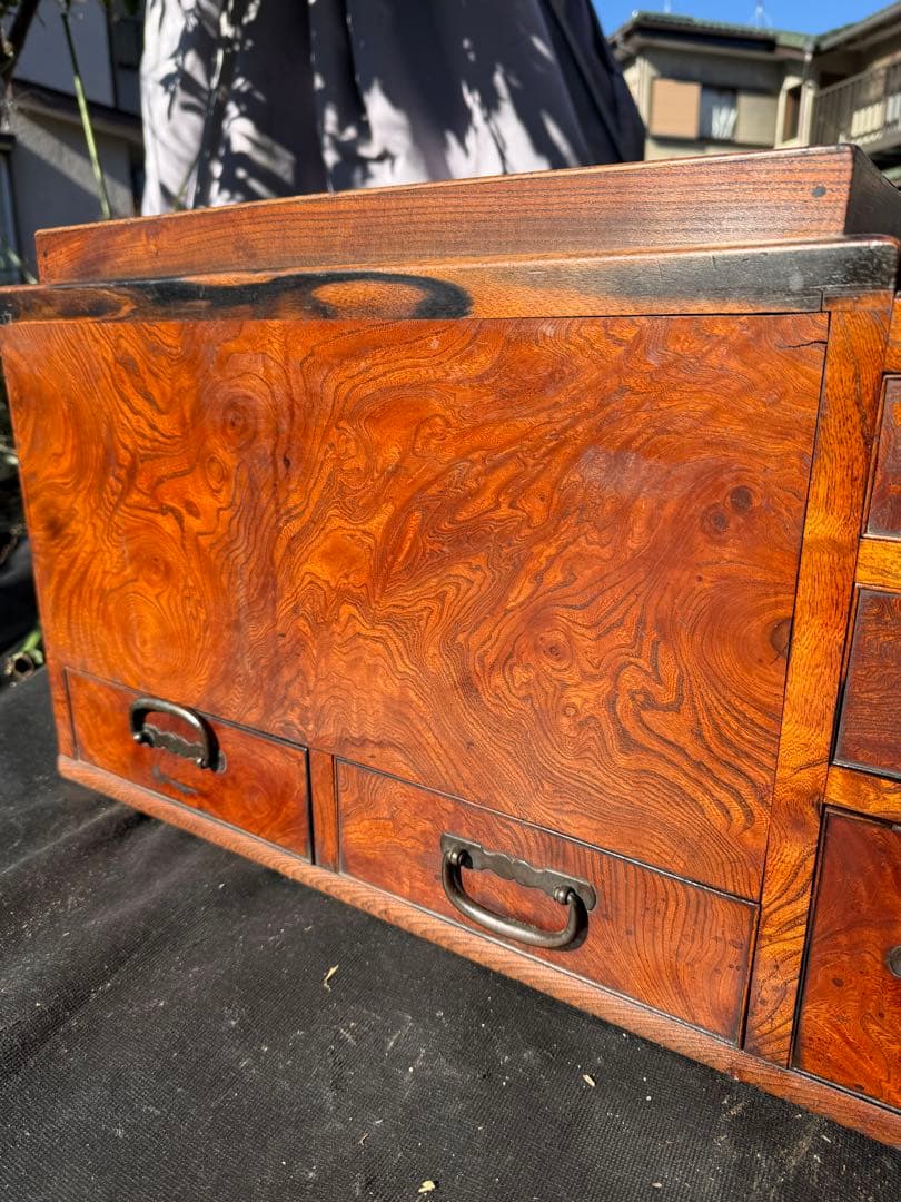 昭和初期 関東長火鉢 欅玉杢 木製 古民具 引き出し付 灰床 五徳 灰匙 猫板付