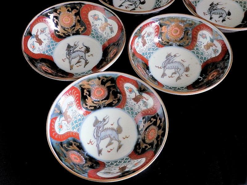 古伊万里　金襴手　波兎に花の図　膾皿　春寒鉢　５客　C961AS-BGd