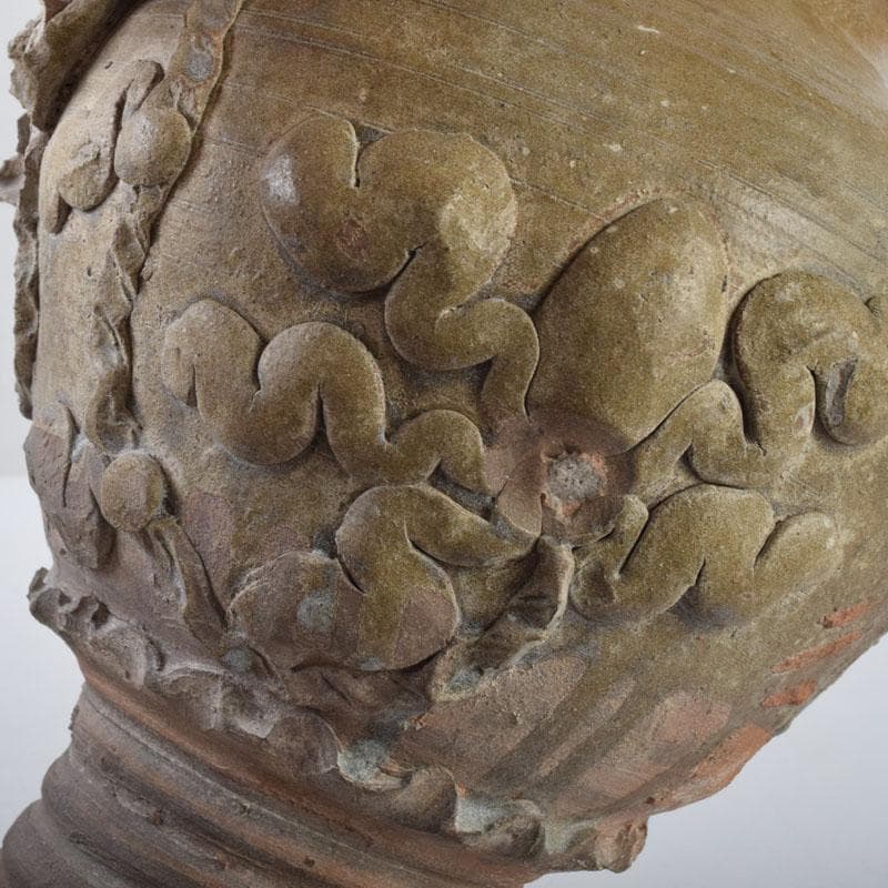 中国　飴釉　花草刻　双耳壷　時代箱　Z　8615A