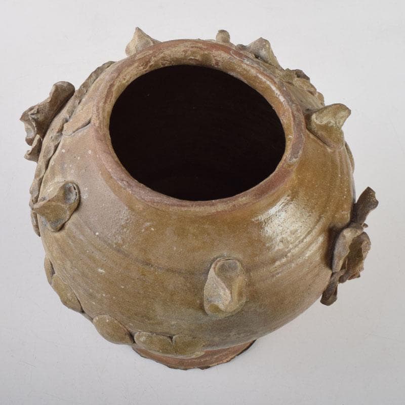 中国　飴釉　花草刻　双耳壷　時代箱　Z　8615A