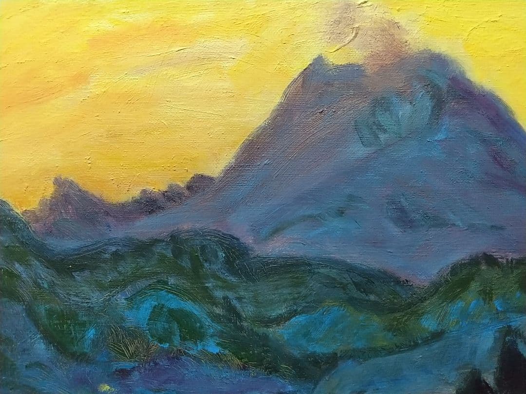 油彩画 「浅間夕景」油絵 絵画 F4 風景画 アート 額装 額縁 古径