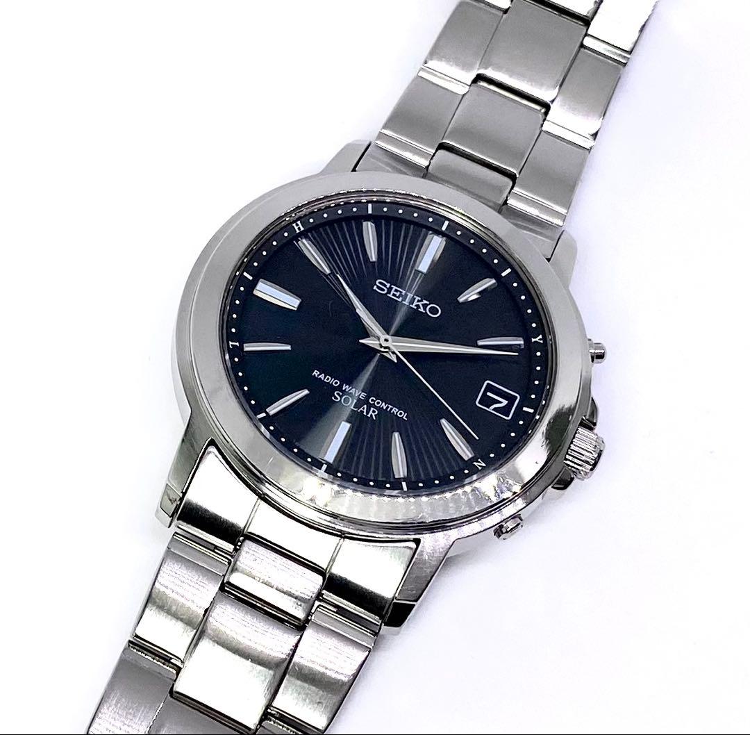 SEIKO☆セイコー☆電波ソーラー☆腕時計☆ブラック文字盤×シルバー針☆極上品