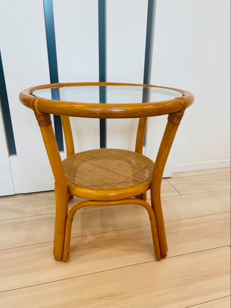 ヴィンテージ ラタンガラス ラウンドテーブルローテーブル籐 レトロ