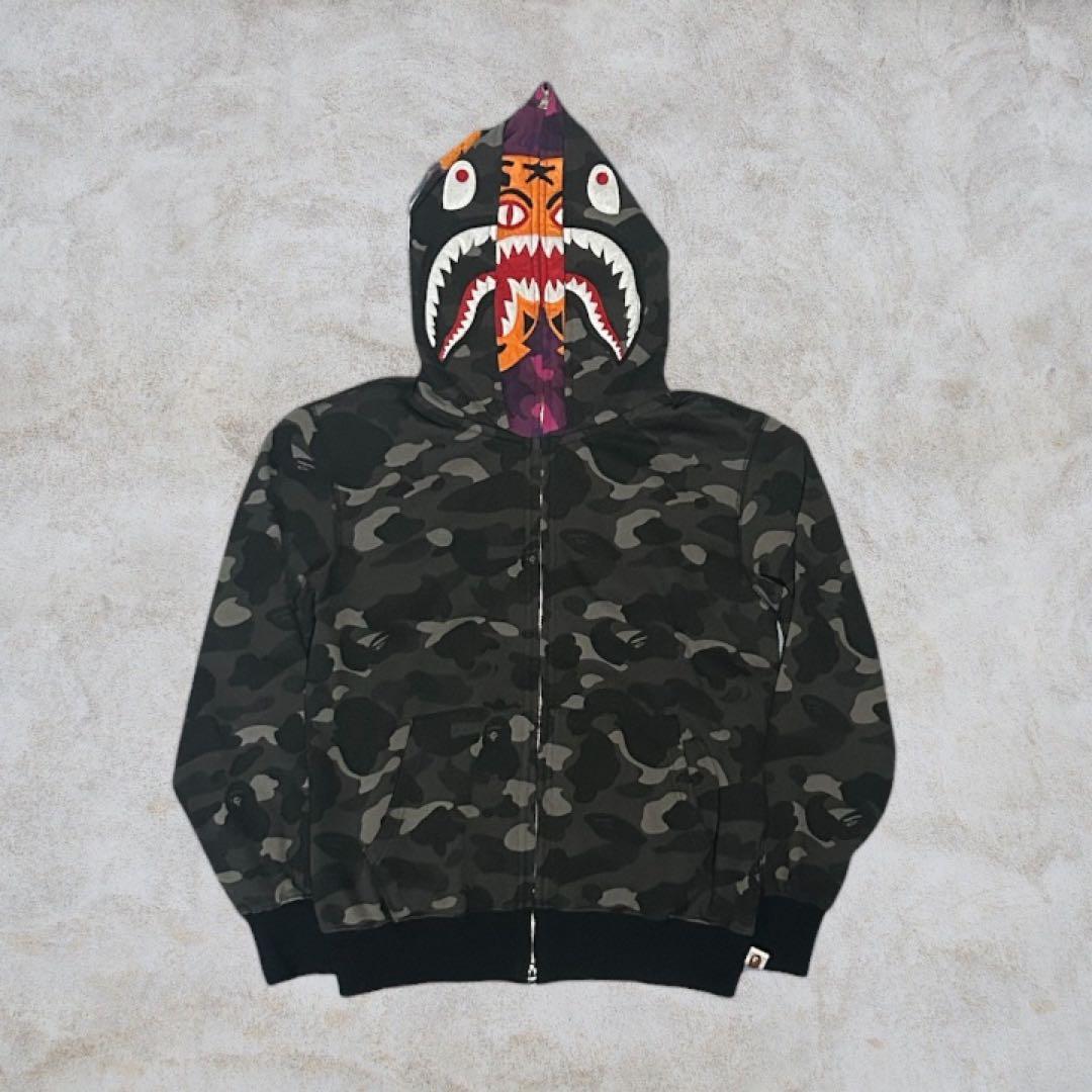 希少A BATHING APE エイプ シャーク ダブルフード パーカー L