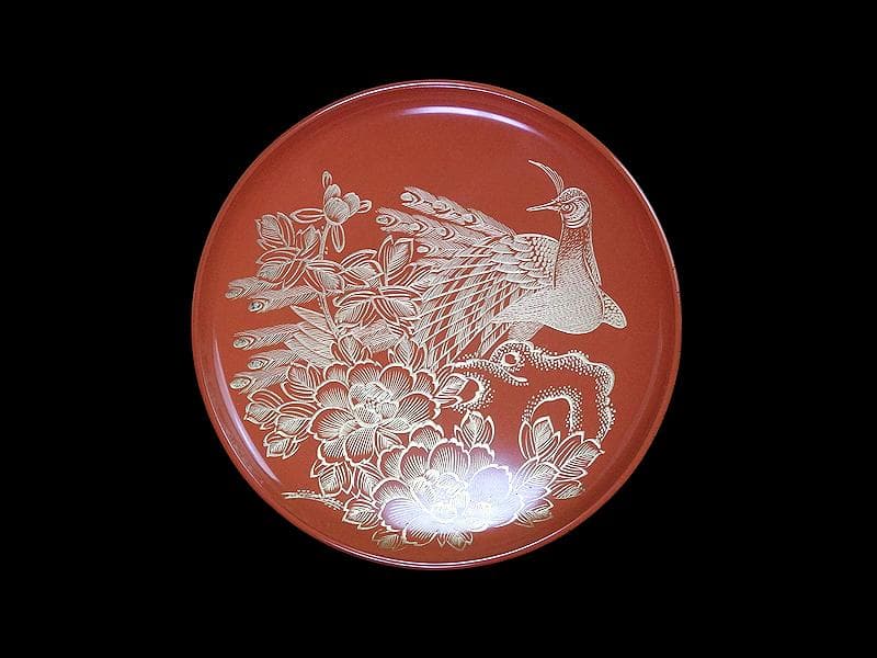 沈金　吸物椀　蝶に孔雀の図　朱色　木製品　５客　N1105AS-fbui