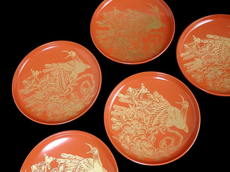 沈金　吸物椀　蝶に孔雀の図　朱色　木製品　５客　N1105AS-fbui