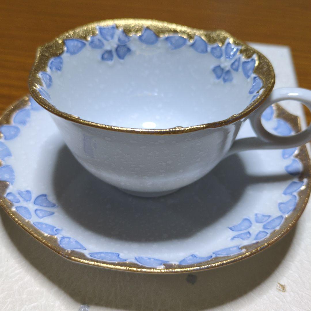 「有田焼 」「文山窯」「 輪花」「カップ＆ソーサー 」金「ピンクブルー」2客