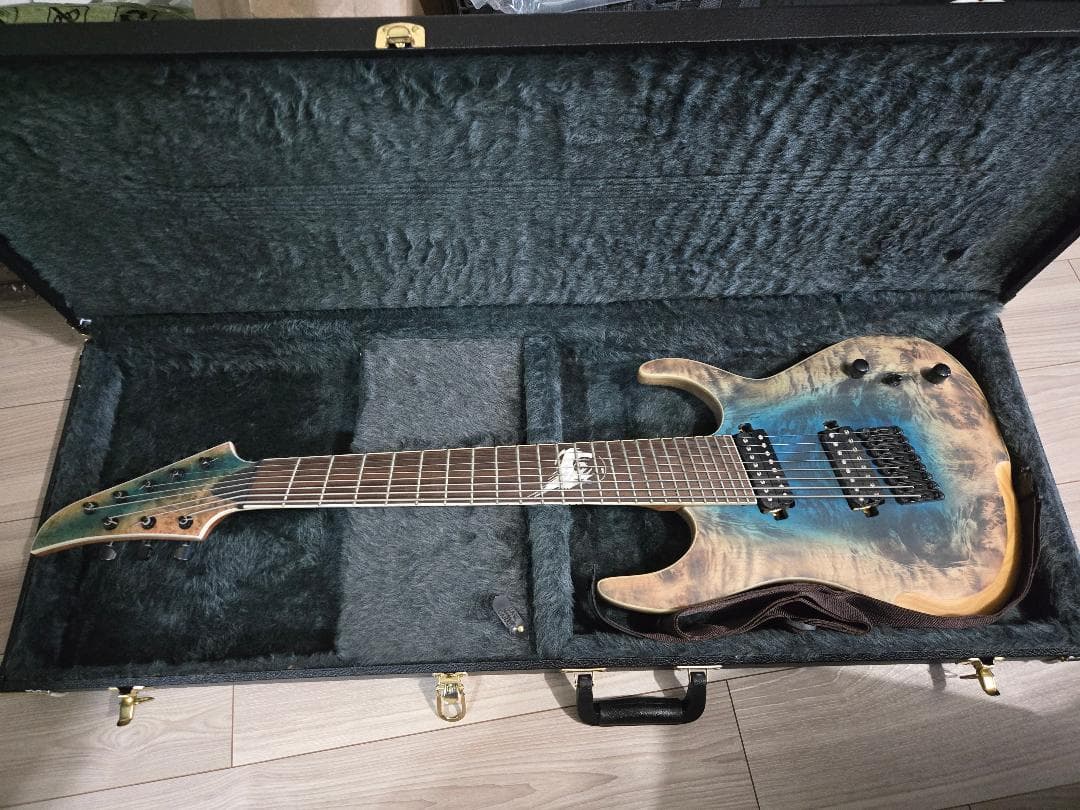 8弦ギター、ハードケースとストラップ付き