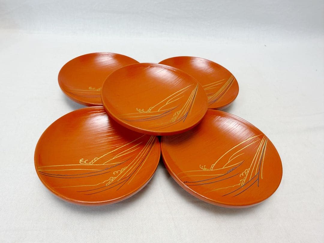 ほぼ未使用 茶道具 木製盃 玄々斎好写 わらび波引盃 五客セット 刷毛目紙箱