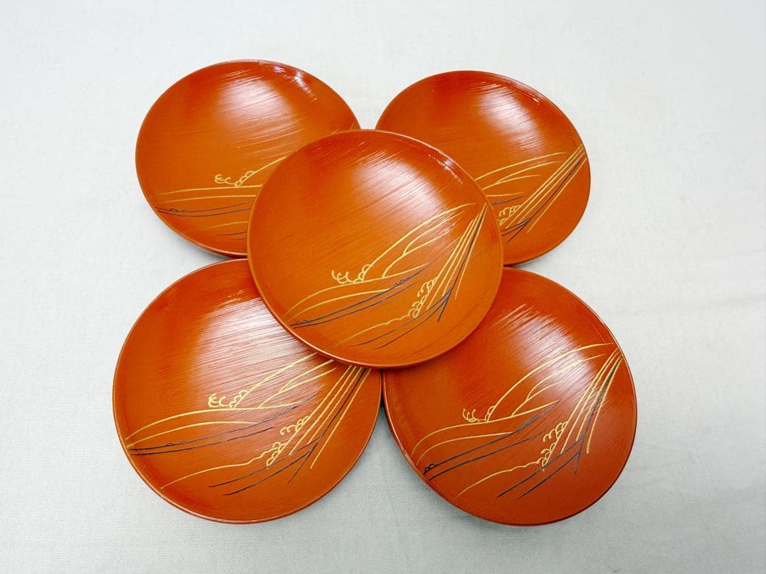 ほぼ未使用 茶道具 木製盃 玄々斎好写 わらび波引盃 五客セット 刷毛目紙箱