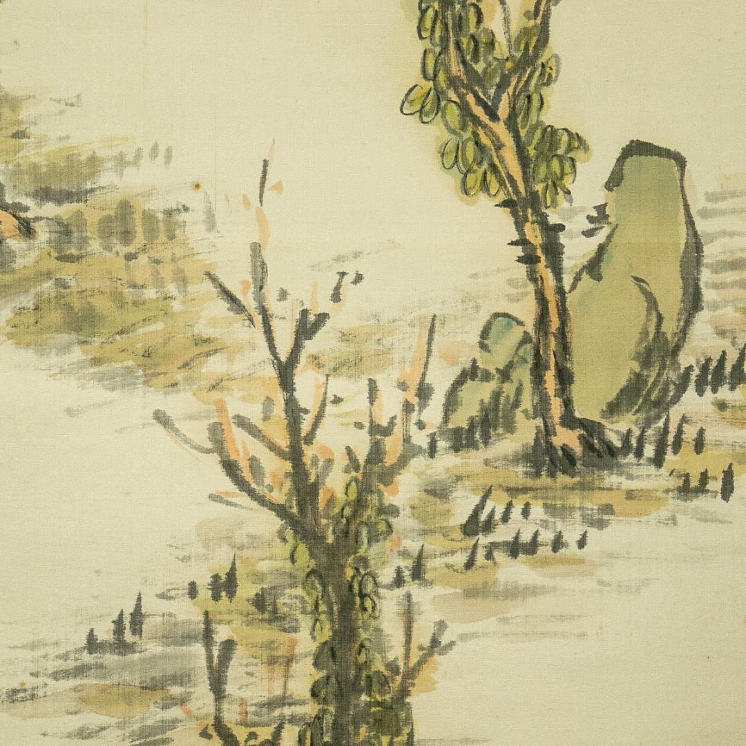 掛軸-1699　清水寺　大西良慶　山水画賛　絹本　松本大圓識箱