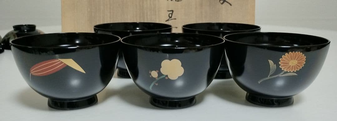 輪島塗　四君子蒔絵 遠山沈金　吸物椀　5客セット　角偉三郎など5人作家もの