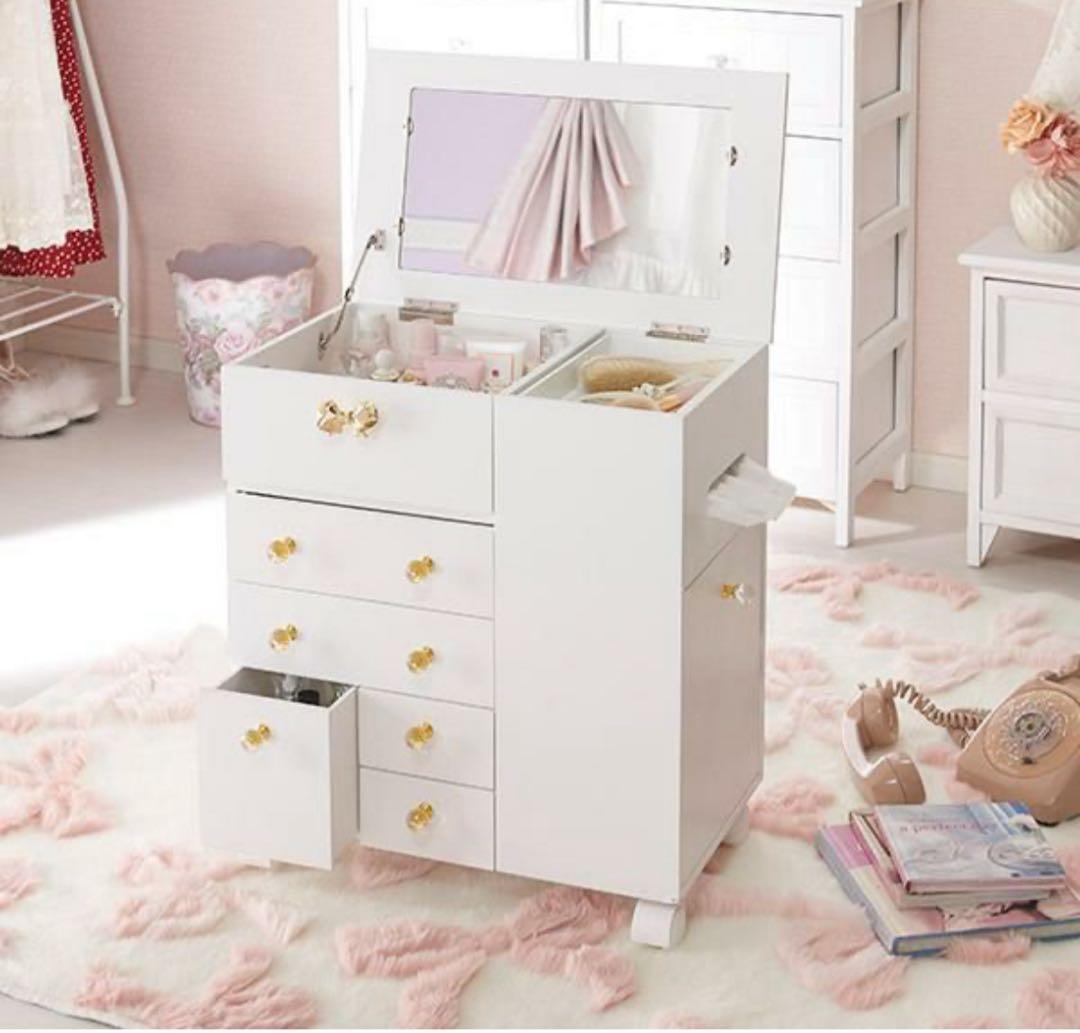 たっぷり収納コスメワゴン／リボン＆クリスタル取っ手