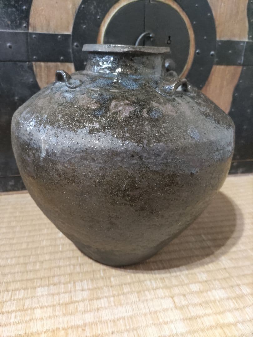古唐津　叩き唐津　四耳壷　高26㎝　極薄作り1691ｇ