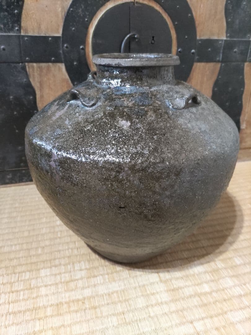 古唐津　叩き唐津　四耳壷　高26㎝　極薄作り1691ｇ