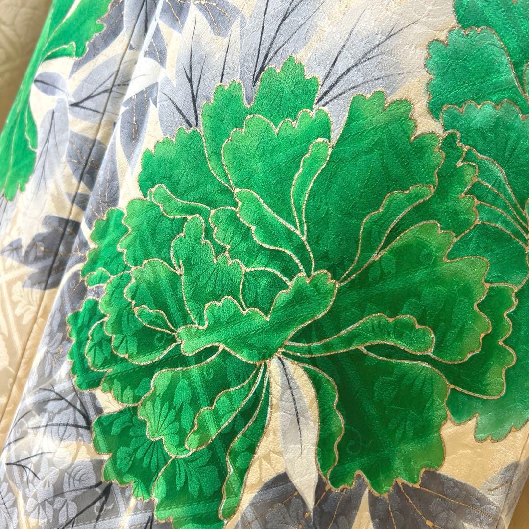 398 振袖フルセット 正絹 クリーム グリーン 緑 黄 金彩 手描き 駒刺繍