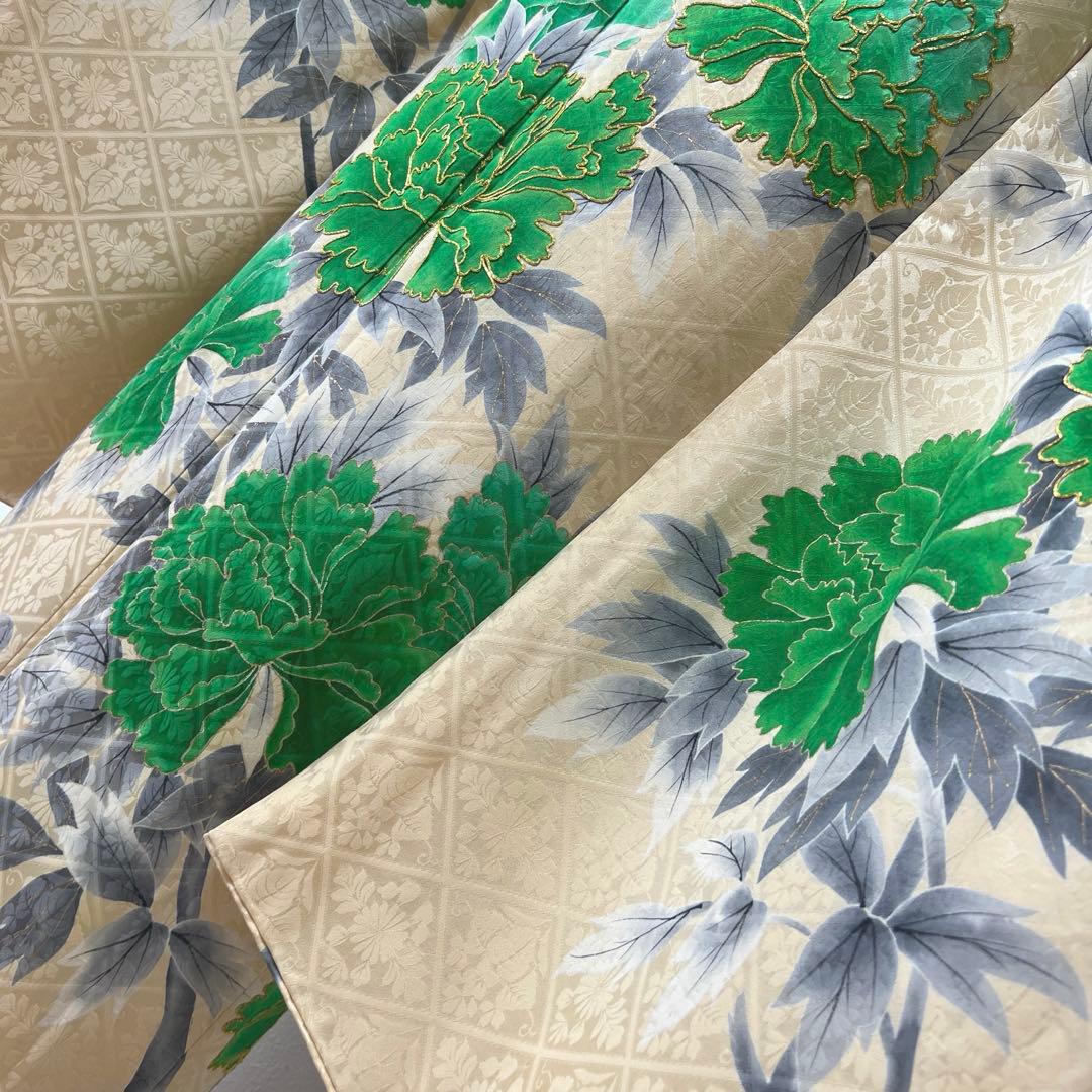 398 振袖フルセット 正絹 クリーム グリーン 緑 黄 金彩 手描き 駒刺繍