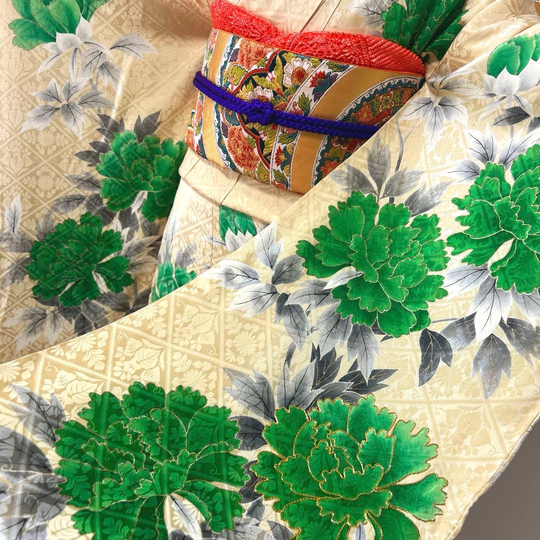 398 振袖フルセット 正絹 クリーム グリーン 緑 黄 金彩 手描き 駒刺繍