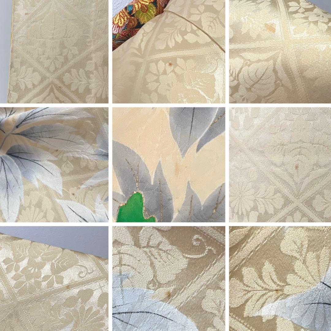 398 振袖フルセット 正絹 クリーム グリーン 緑 黄 金彩 手描き 駒刺繍